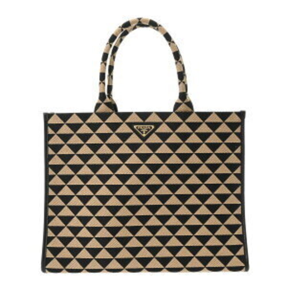 Prada Handbag Beige Black Symbol Embroidery Jacquard Canvas Bag